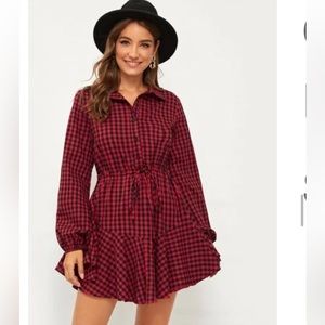 Gingham Drawstring Waist Ruffle Hem Shirt Dress